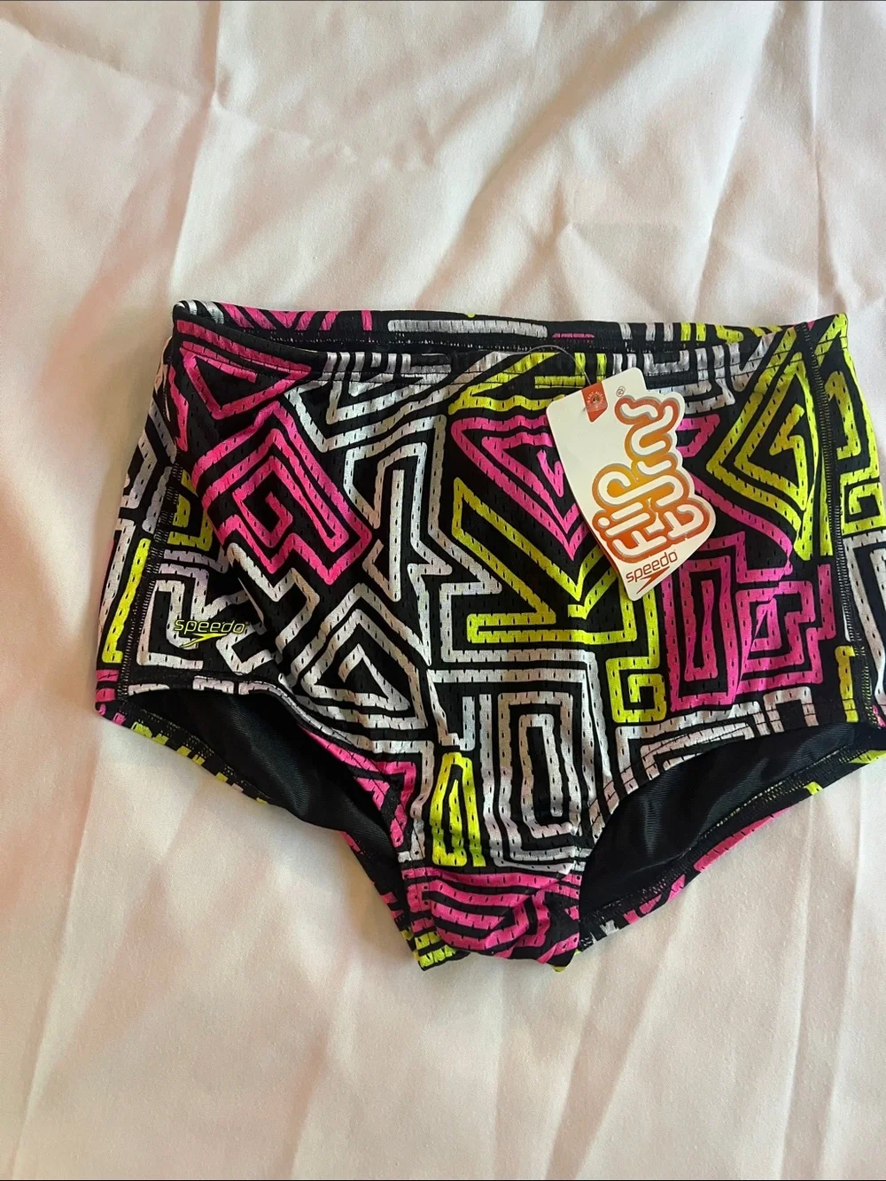 Speedo Black Swim Shorts with Pink & Neon Yellow Geo Print
